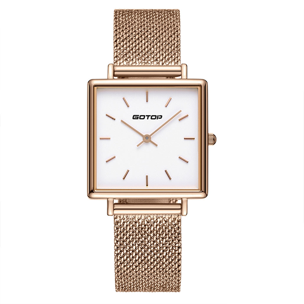 BW005-02 Square Rose Gold Stainless Steel Women's Watch With Mesh Band