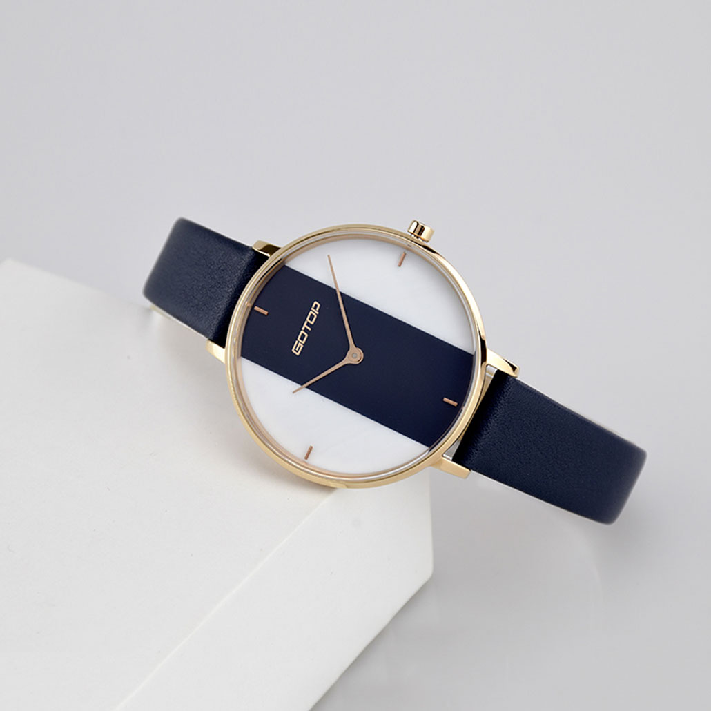 SS653 White Women's Watch With Leather Strap And Stripe Detail