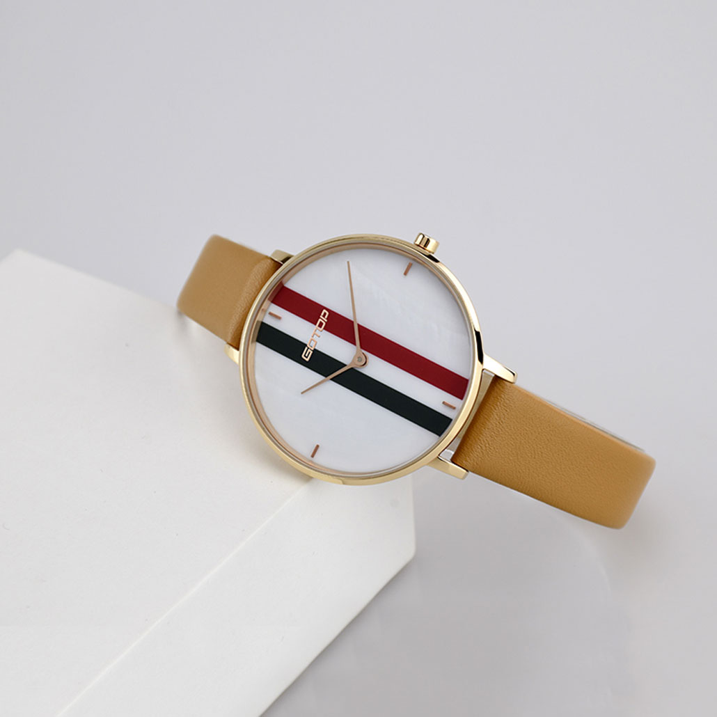 SS653 White Women's Watch With Leather Strap And Stripe Detail