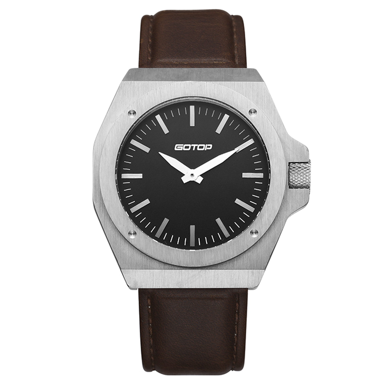 Stainless-Steel Men's Watch With Brown Leather Strap