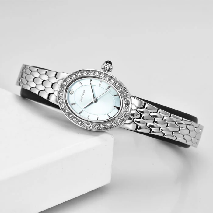Stainless Steel Lady Diamond Watches Custom Oval shape Sunray Dial Quartz Watches